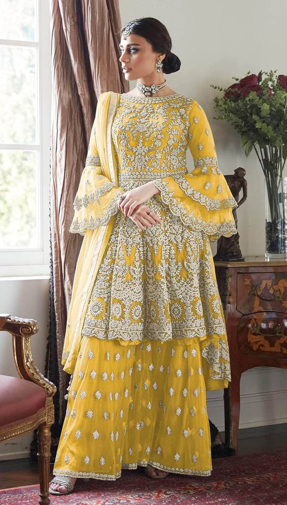 Yellow Designer Embroidered Sharara Suit
